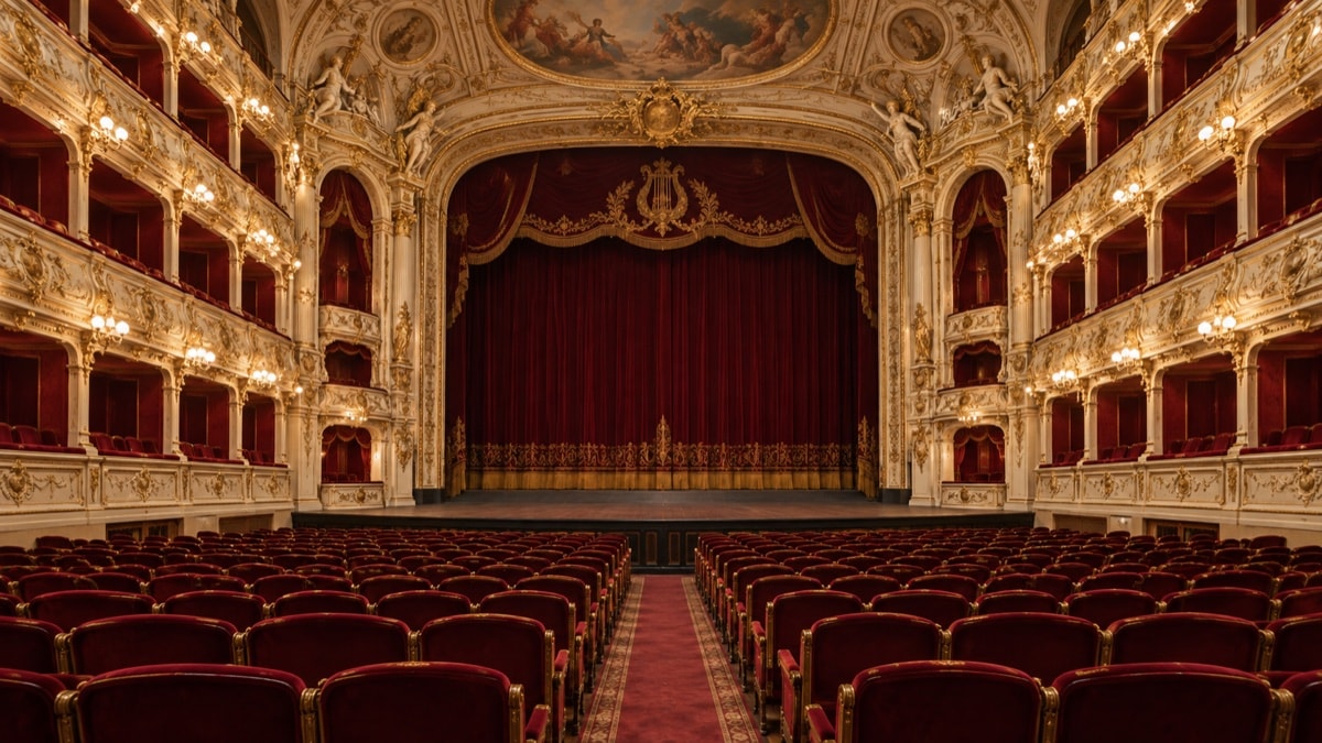 An ornate empty opera house with gilded balconies and warm stage light