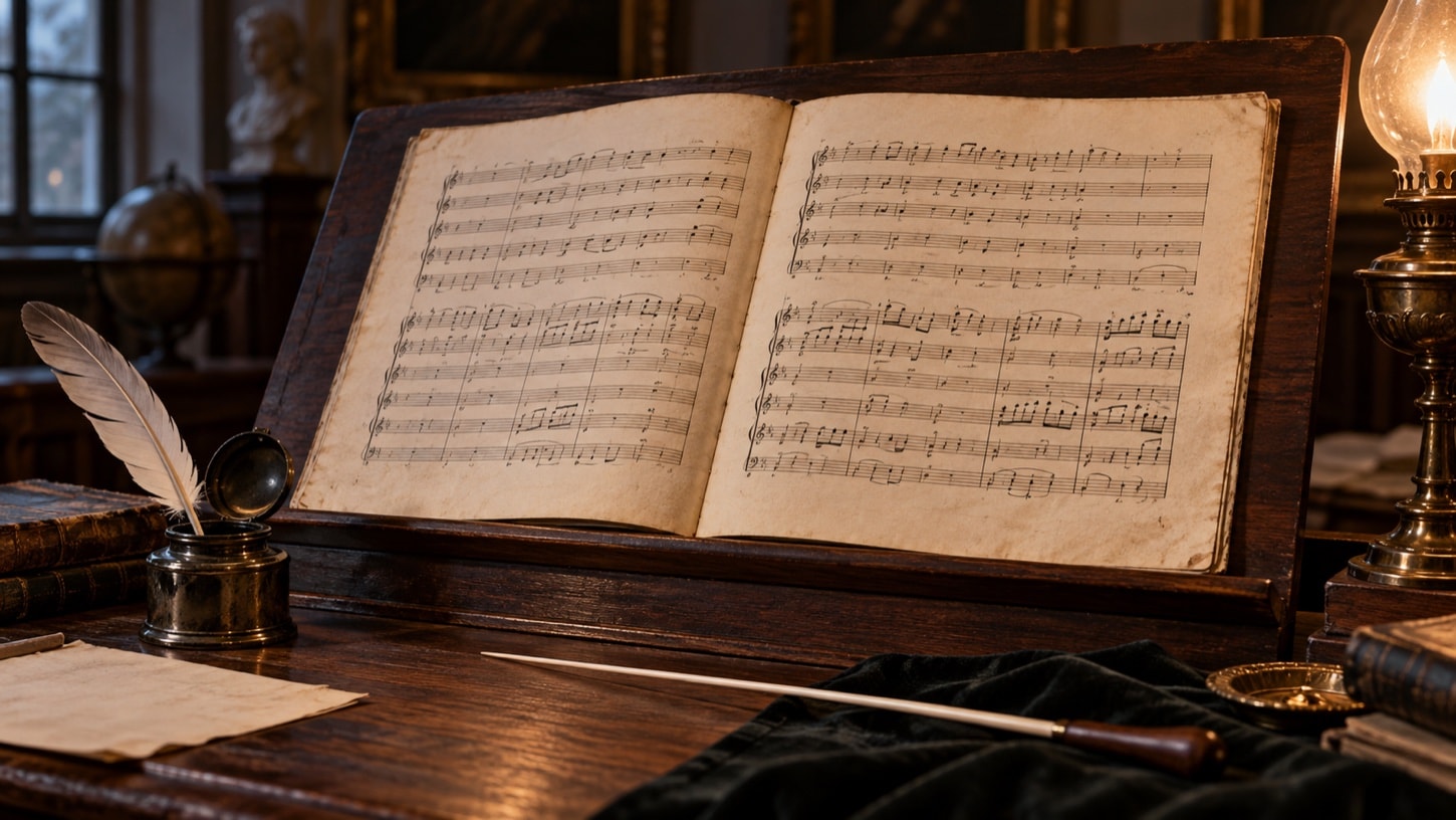 Open vocal score with a fountain pen and warm lamplight on textured paper