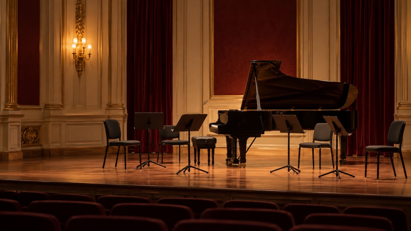 An empty chamber concert stage with piano, chairs, music stands and soft amber lighting