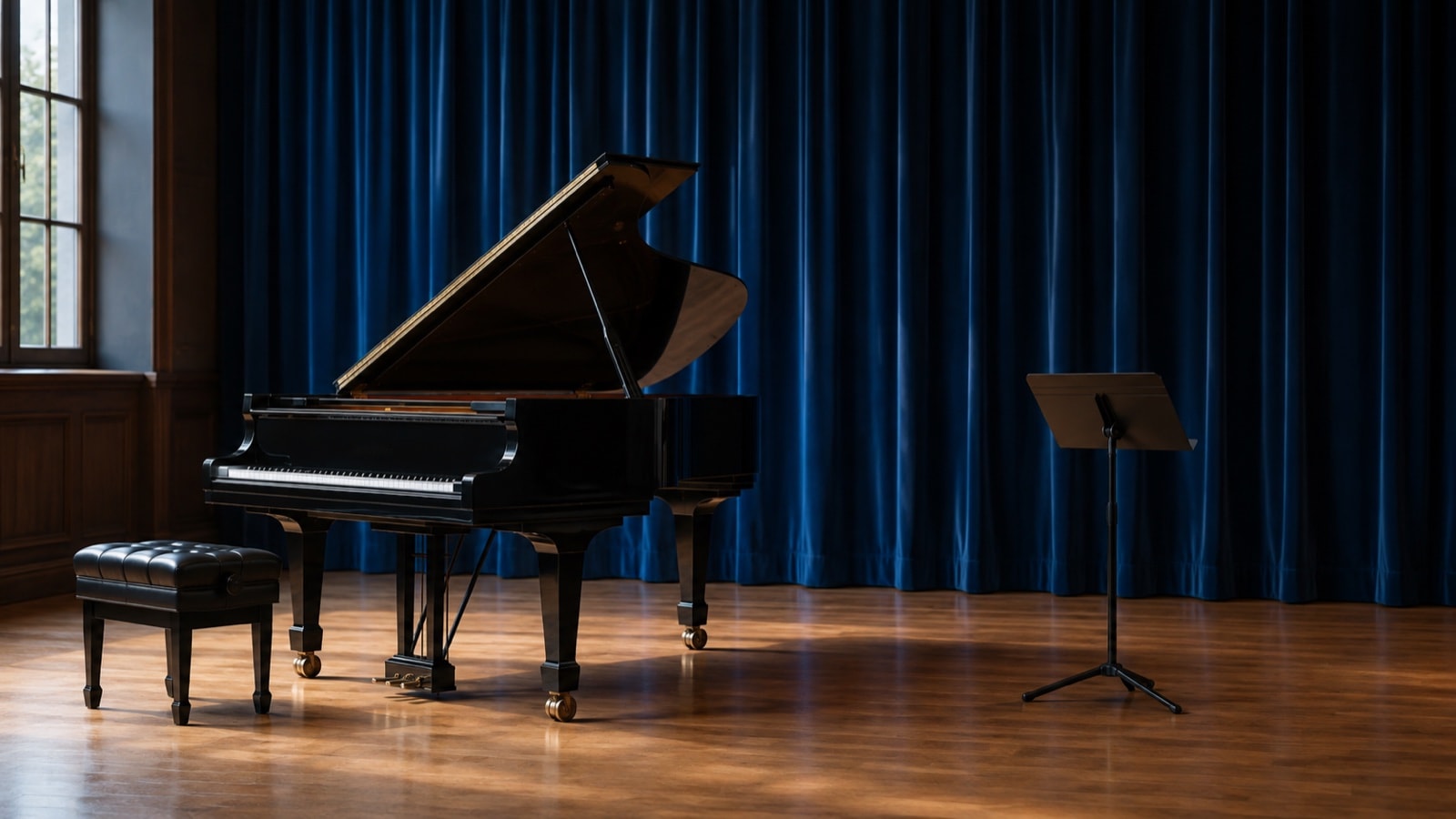 A grand piano and music stand on an unoccupied recital stage