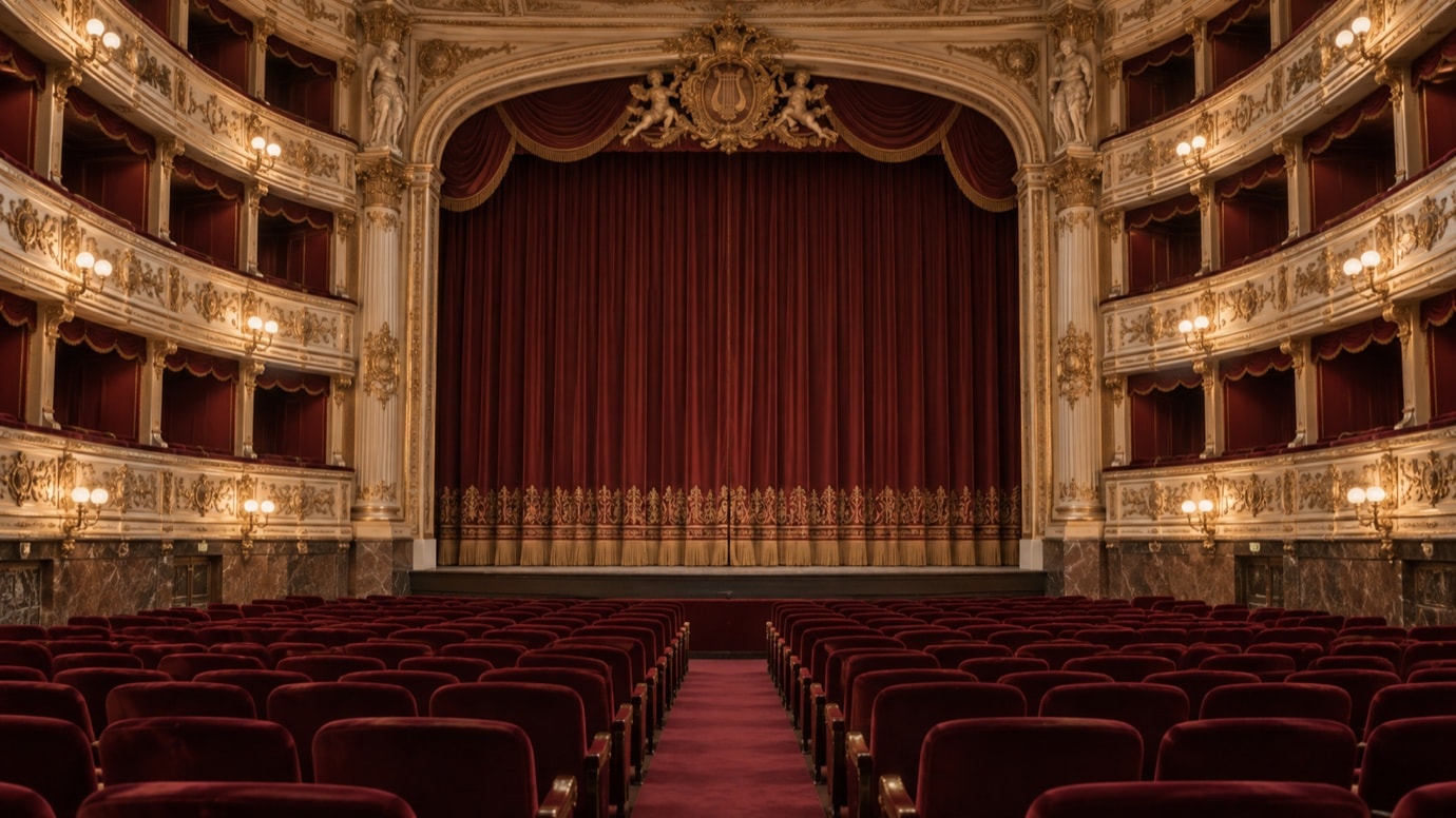 An empty opera auditorium with burgundy seats and a softly lit stage